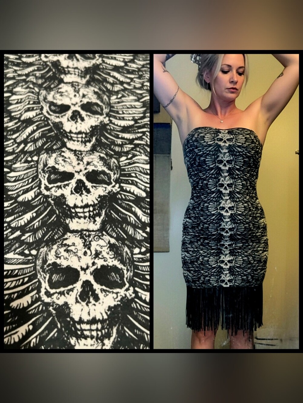 Vtg Lip Service white blk graphic skull wings tube top bodycon fringe dress XL - Picture 14 of 16